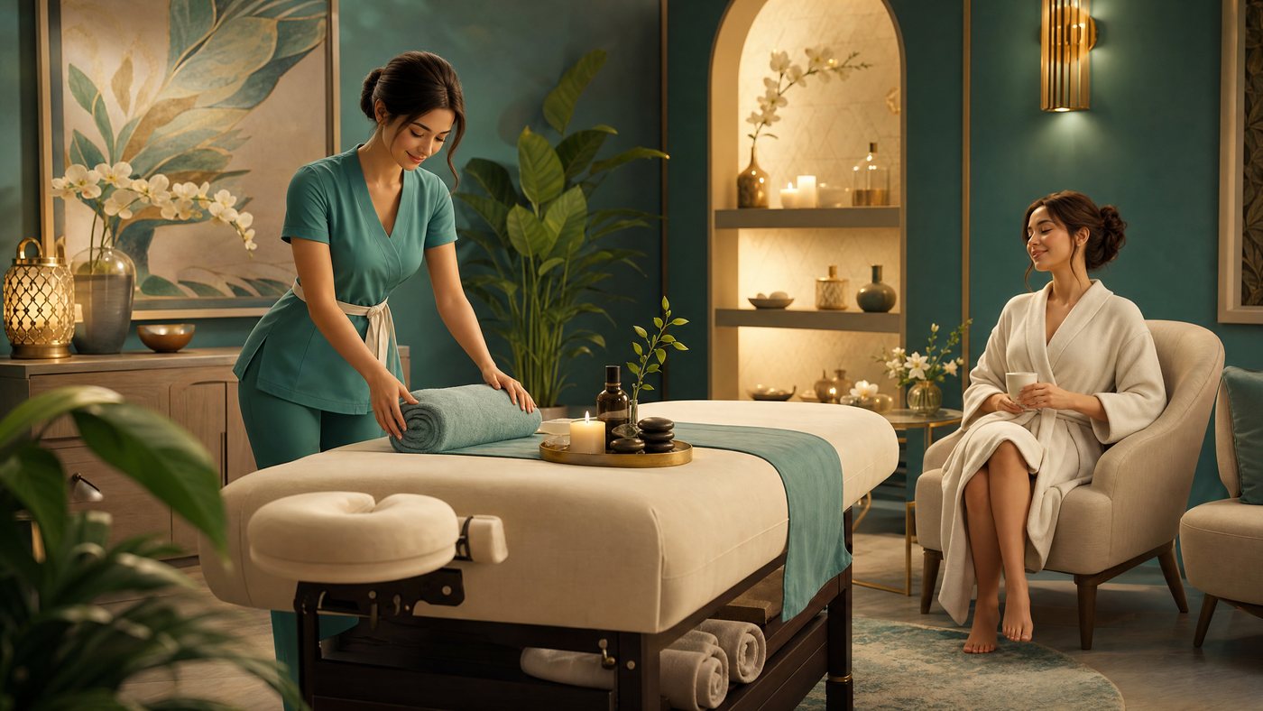 3D animated luxury spa massage room for relaxation and wellness