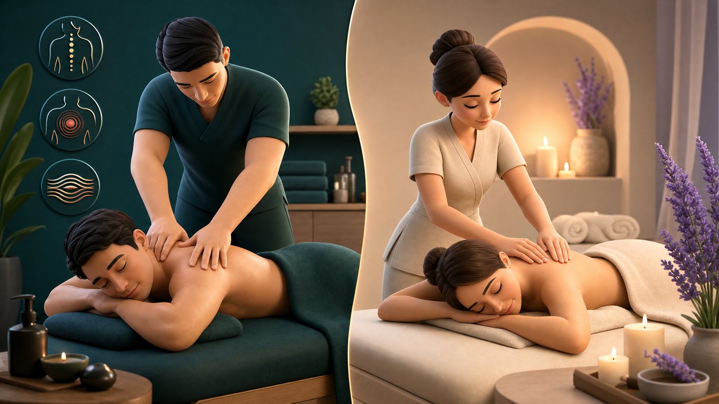 Deep Tissue vs Relaxation Massage: Which Spa Treatment Fits Your Body Best? 1 3D animated comparison of deep tissue massage and relaxation massage in a spa setting