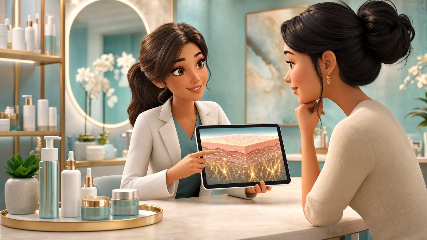 3D animated aesthetic consultation explaining microneedling for acne scars